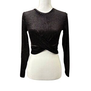 H&M Divided Black Long Sleeve Glitter Velvet Knot-Front Crop Top Junior Size S